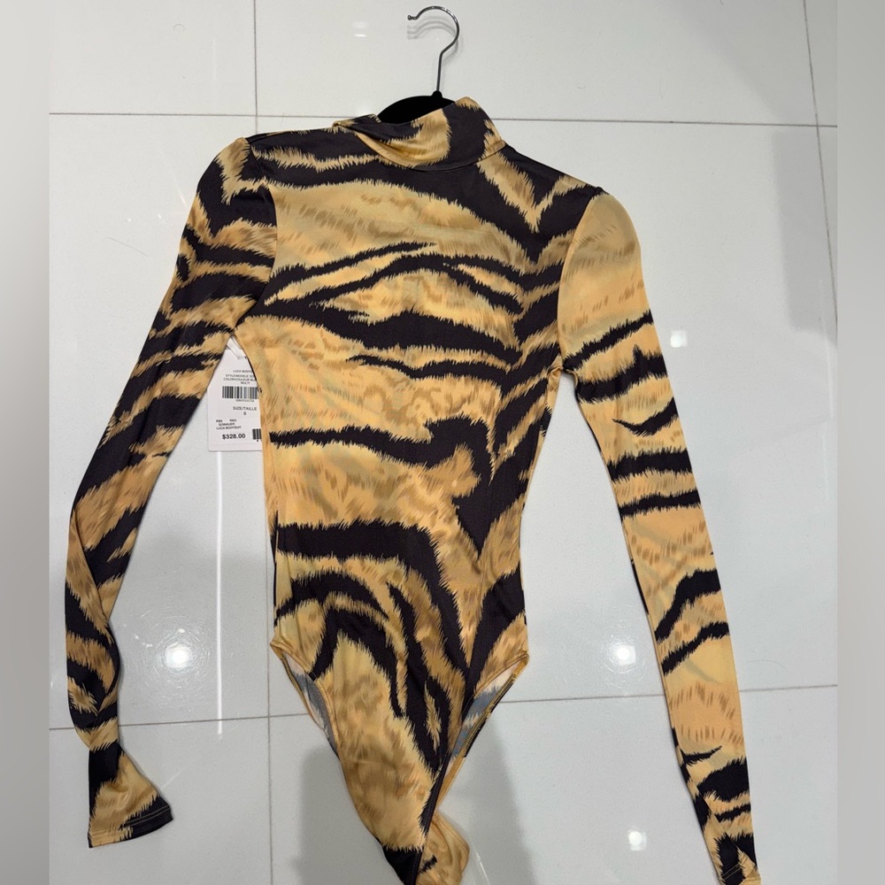Ronny Kobo Collection Tiger Print Bodysuit - Black and Tan